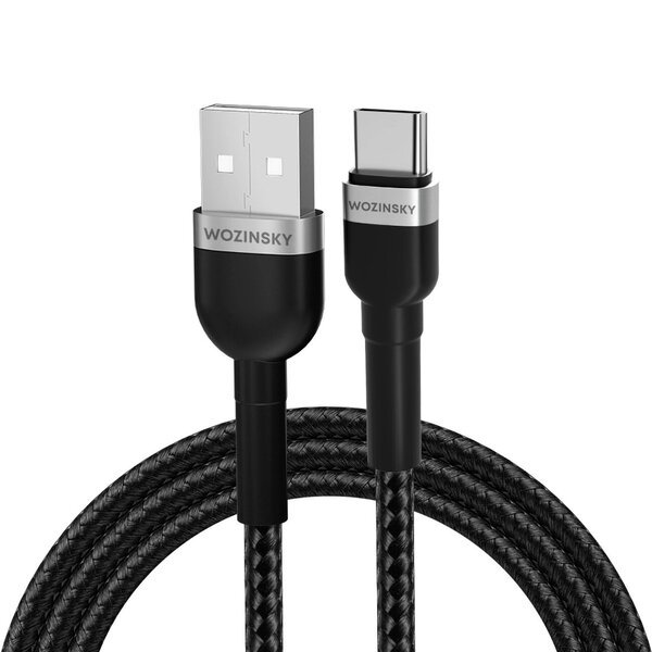 USB-A - USB-C kaapeli nailonipäällysteellä, 2.4A, 2m, musta