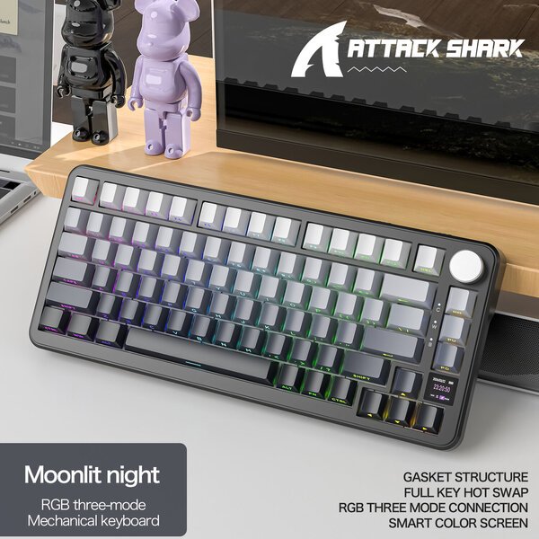 Attack Shark X85Pro Langaton mekaaninen näppäimistö, kevytmetallivankin älykäs näyttö, tiivistirakenne, täysimittainen kuumavaihto, Win/MacKuutamoinen yö