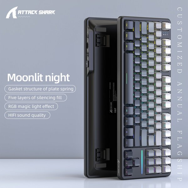 Attack Shark X87 Macro Drive Bluetooth Gaming -näppäimistö, sivu kaiverrettu läpikuultava merkkimekaaninen näppäimistö, RGB, Hot-SwapKuutamoinen yö