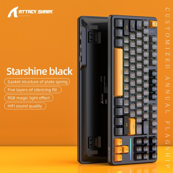 Attack Shark X87 Macro Drive Bluetooth Gaming -näppäimistö, sivu kaiverrettu läpikuultava merkkimekaaninen näppäimistö, RGB, Hot-SwapStarshine Black