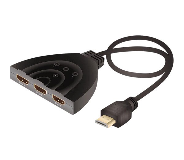 Qnect HDMI 3 in - 1 out 4K -HDMI -adapteri, 10cm, Musta