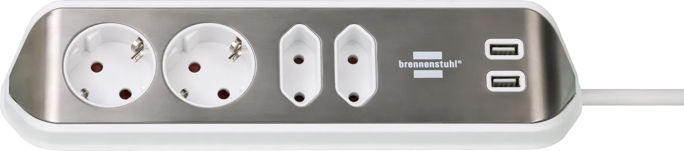 Brennenstuhl  2 xUSB, 4 AC-pistorasia(a)-osainen jatkojohto, 2 m, Hopea/Valkoinen