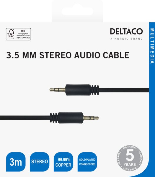 Deltaco 3.5mm Gold-Plated -audio kaapeli, Musta, 3m
