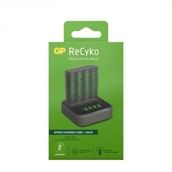 GP Speed Battery Charger + Docking Station 1-pack, includes 4 x AA 2600mAh Batteries