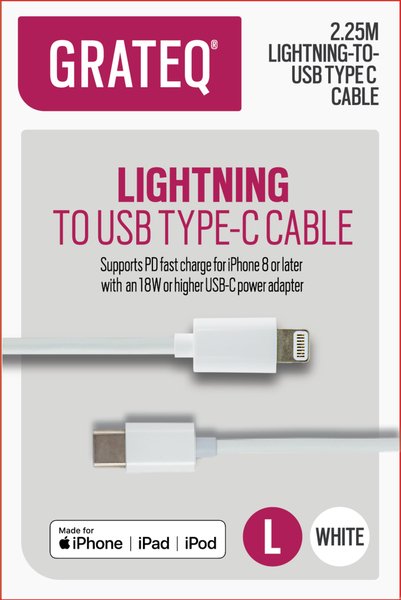 Grateq MFi Lightning - USB-C PD -kaapeli, 2,25m, Valkoinen
