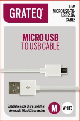 Grateq USB-A - Micro-USB -kaapeli, 1.5m, Valkoinen