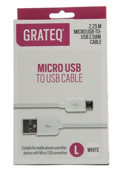 Grateq USB-A - Micro-USB -kaapeli, 2.25m, Valkoinen