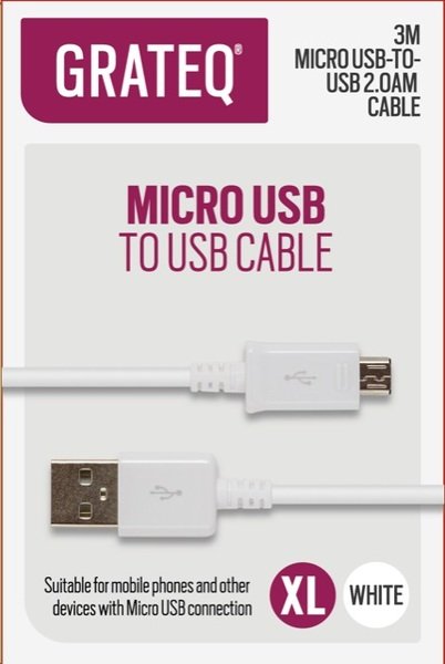 Grateq USB-A - Micro-USB -kaapeli, 3m, Valkoinen