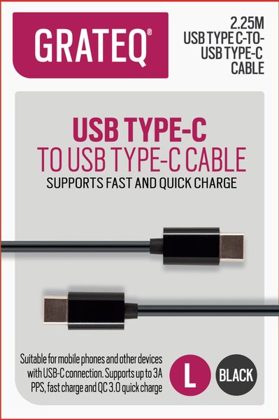 Grateq USB-C - USB-C Quick 100W -kaapeli, 2,25m, Musta