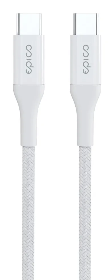 Epico Braided PD USB-C - USB-C 100W -kaapeli, Valkoinen, 0.3m