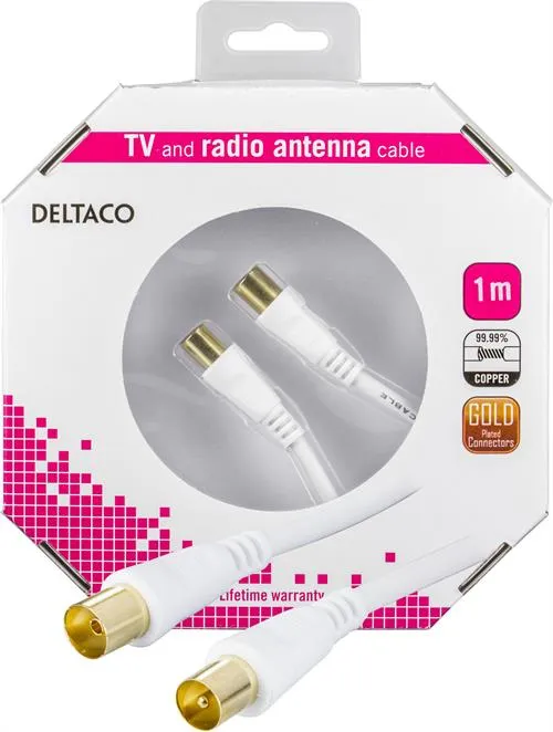 DELTACO antennikaap., 75 Ohm, ferriittiyt., kull. liitt., 1 m, valk.