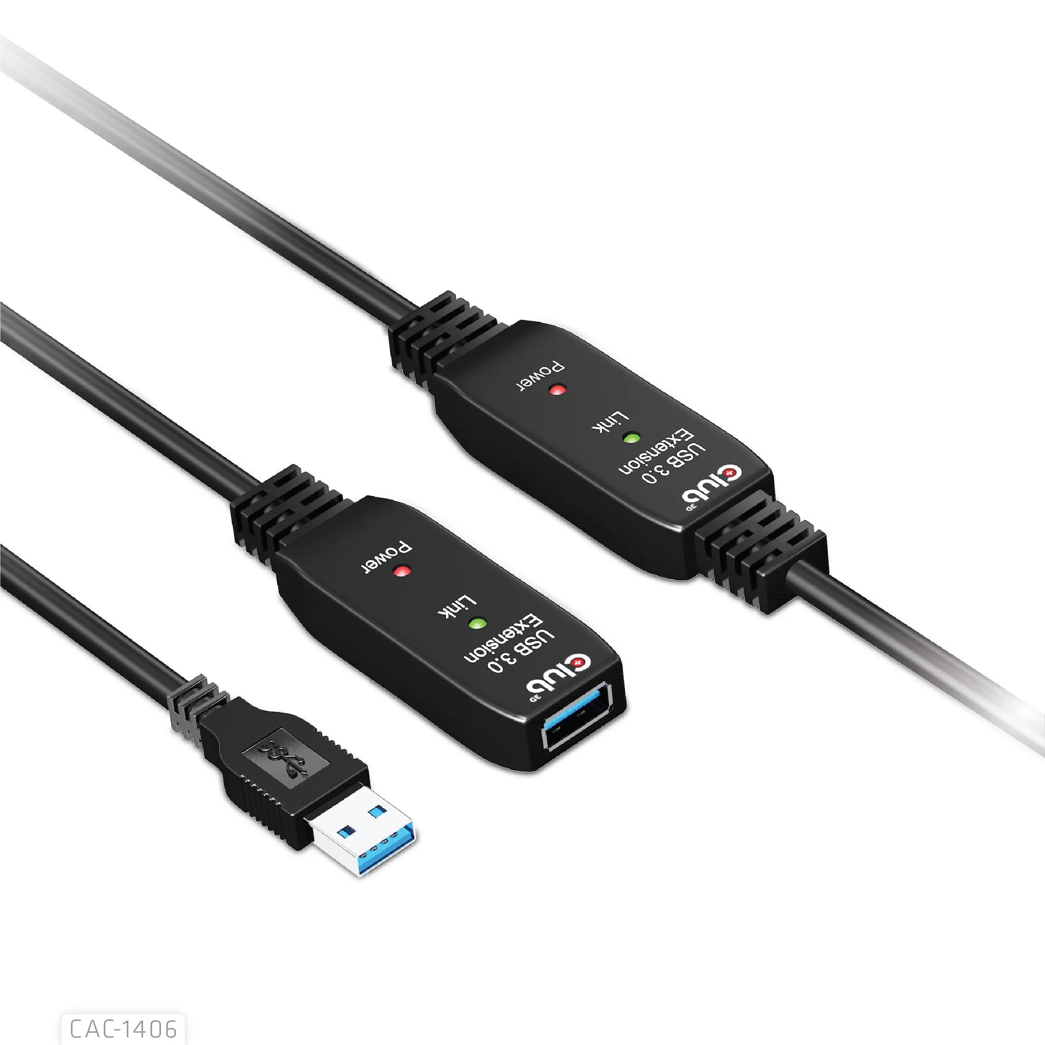 Club 3D Active Repeater 3.2 Gen1 USB-A, aktiivinen, uros-naaras -jatkokaapeli, Musta, 15m