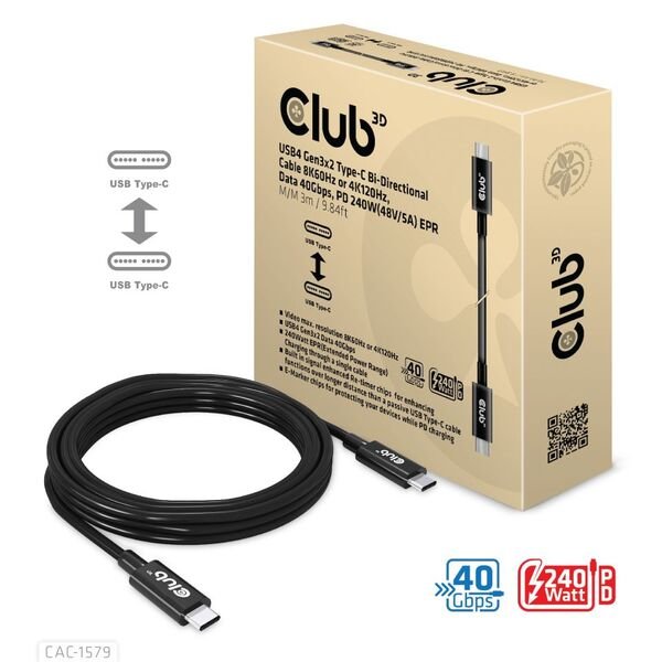 Club 3D USB-C - USB-C USB4 G2 8K60Hz 240W -kaapeli, Musta, 3m