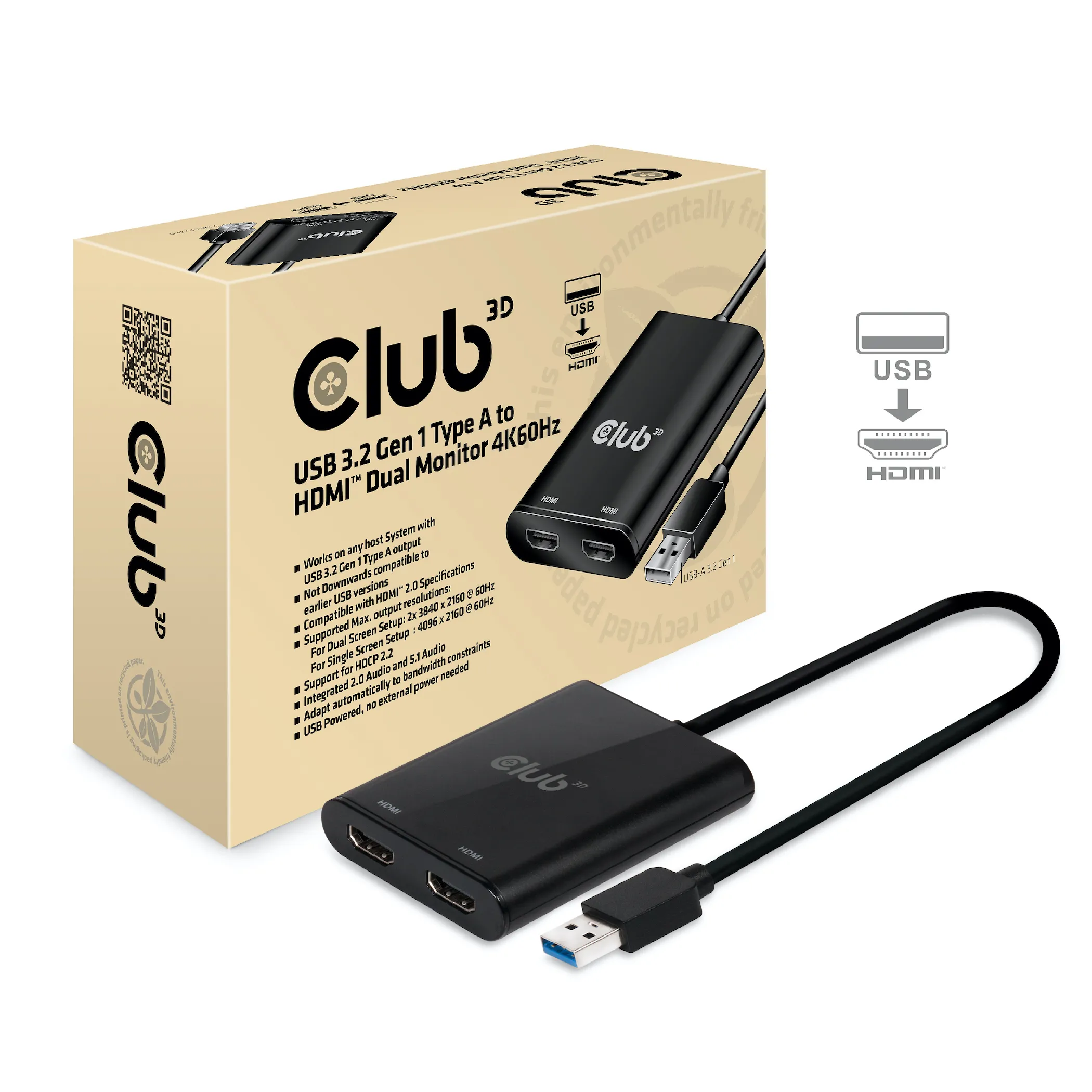 Club 3D 3.1 Gen1 USB-A - 2x 2.0 HDMI -sovitin, Musta