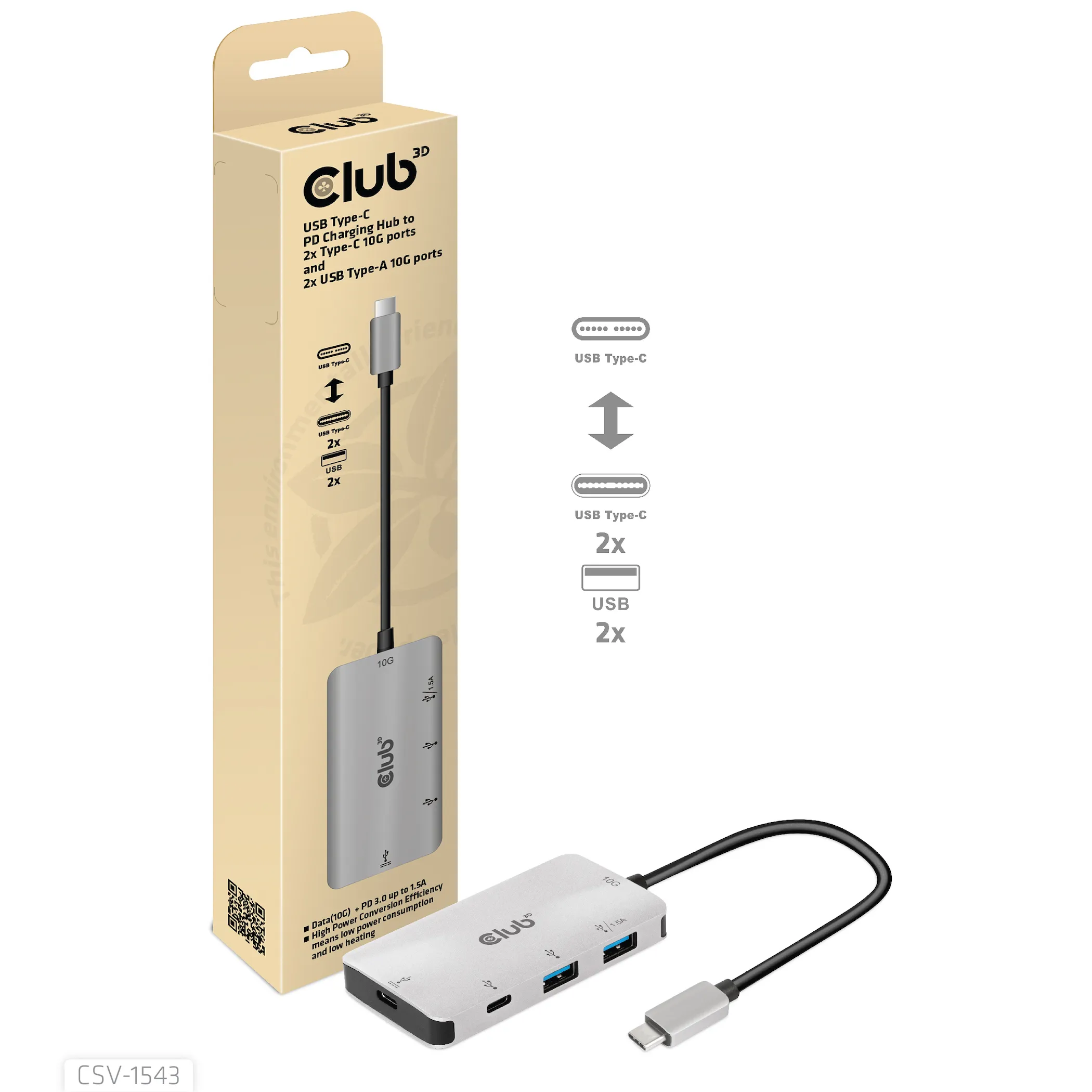Club 3D USB Gen2 Type-C PD Lataus 1.5A -hubi, Harmaa