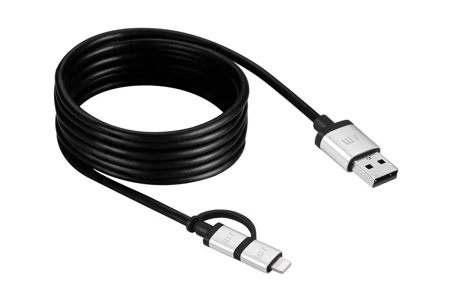Just Mobile AluCable Duo USB-A - Micro-USB/Lightning -kaapeli, 1,5m, Alumiini, Musta