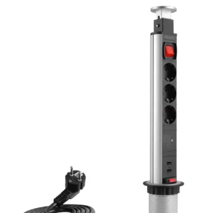 Deltaco Office pöytätason pop-up-virtapistorasia ylijännitesuojalla,  musta/hopea