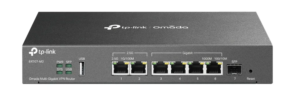 TP-LINK Omada Multi-Gigabit VPN Router 1x 2.5G RJ45 WAN Port 1x 2.5G RJ45 WAN/LAN Port 1x Gigabit SFP WAN/LAN Port 4x Gigabit RJ45