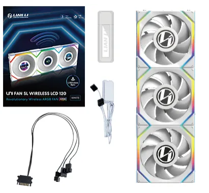 Lian Li UNI FAN SL Wireless LCD, 3 pack, 120mm -kotelotuuletin, Valkoinen