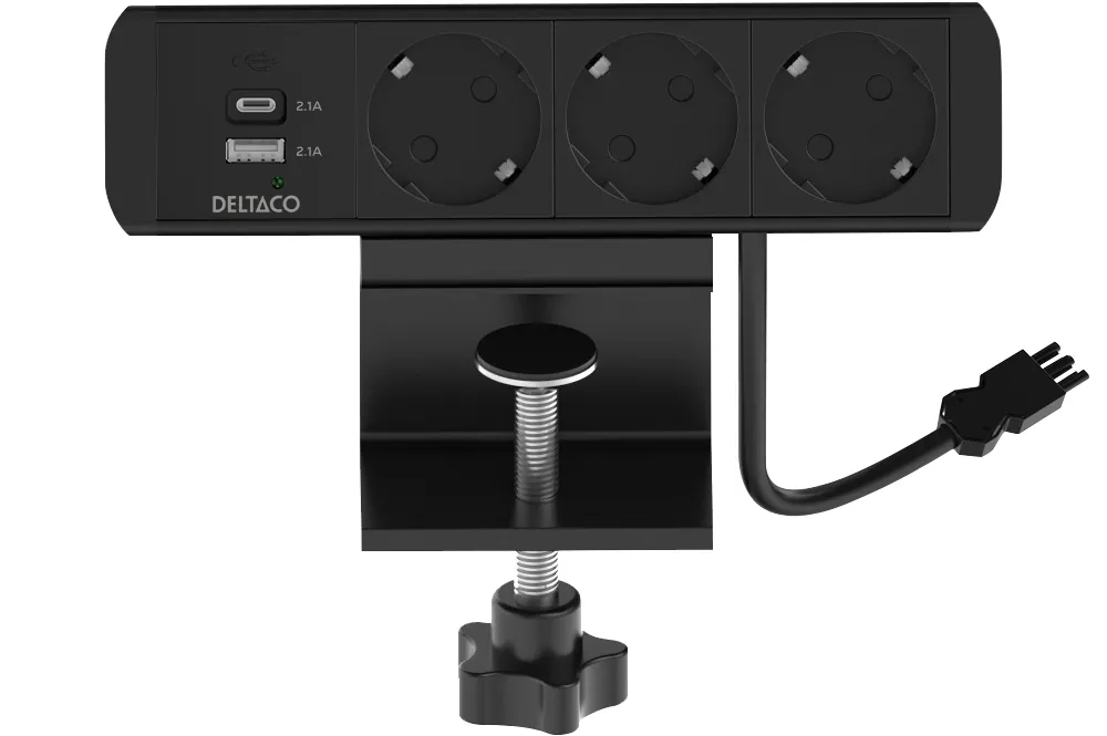 Deltaco pöytään asennettava virtapistorasia, 3 pistoketta, 1x21W A+C USB, GST18-kaapeli