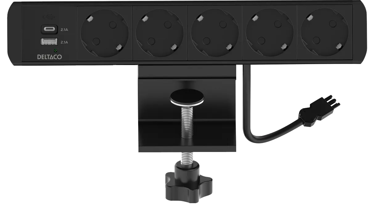 Deltaco pöytään asennettava virtapistorasia, 5 pistoketta, 1x21W A+C USB, GST18-kaapeli