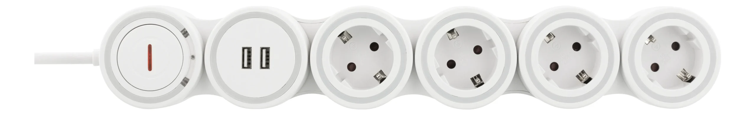 Deltaco Flexibelt jatkojohto, 4-osainen, 1,4m, 16A 3500W, 2x USB-A