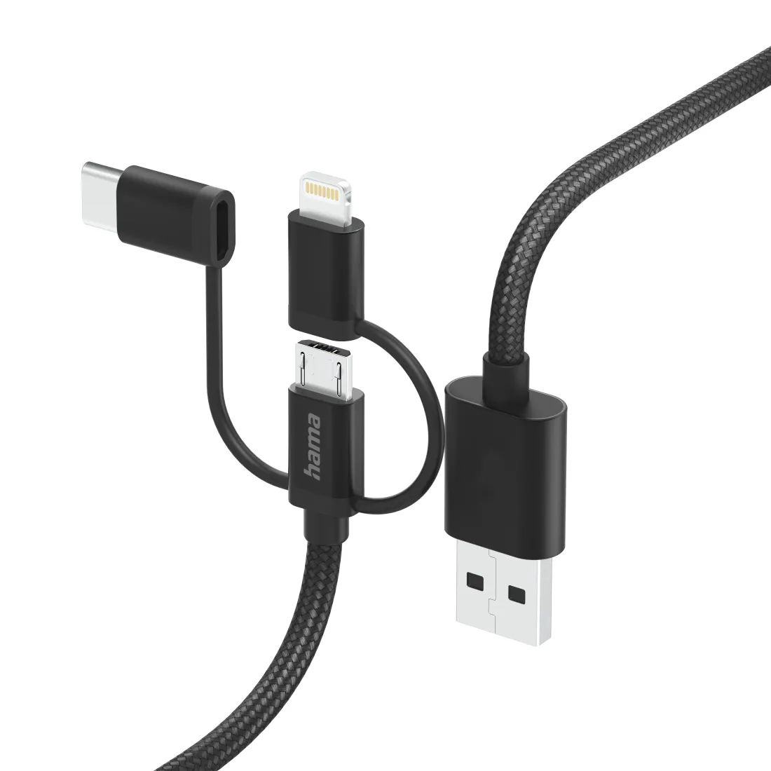 Hama Multi 3-in-1 USB-A - USB-C/Micro-USB/Lightning -kaapeli, Musta, 1.5m