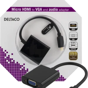 DELTACO micro HDMI - VGA-sovitin,19-pin ur -15-pin+3,5mm, 0,2m, musta