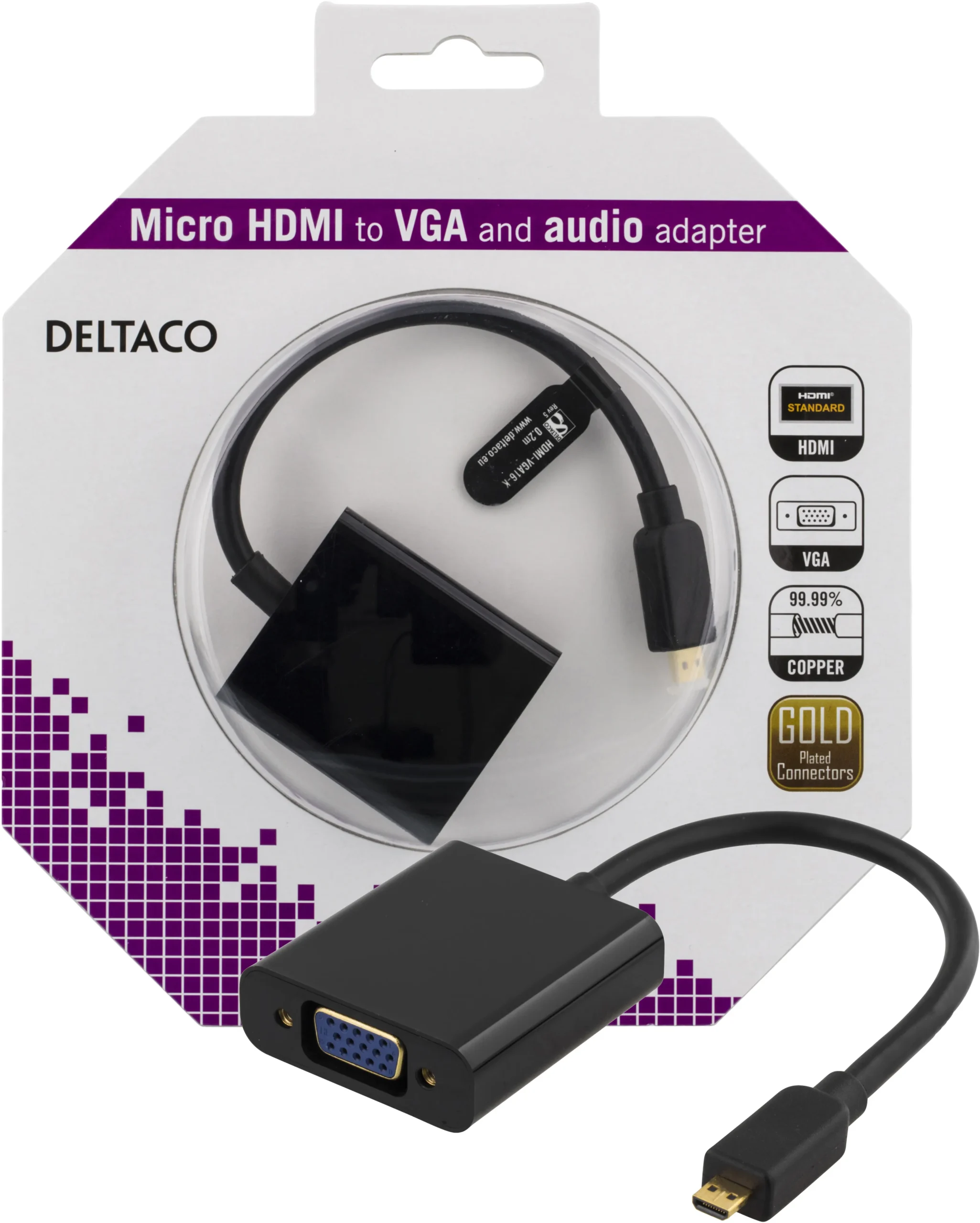 DELTACO micro HDMI - VGA-sovitin,19-pin ur -15-pin+3,5mm, 0,2m, musta