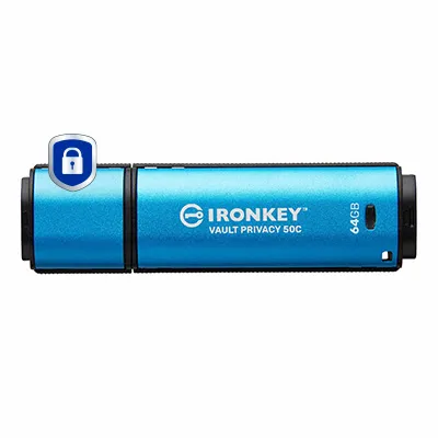 Kingston IronKey Vault Privacy 50C 64 Gt USB-C 3.2 Gen 1x1 -muistitikku, Black, Blue