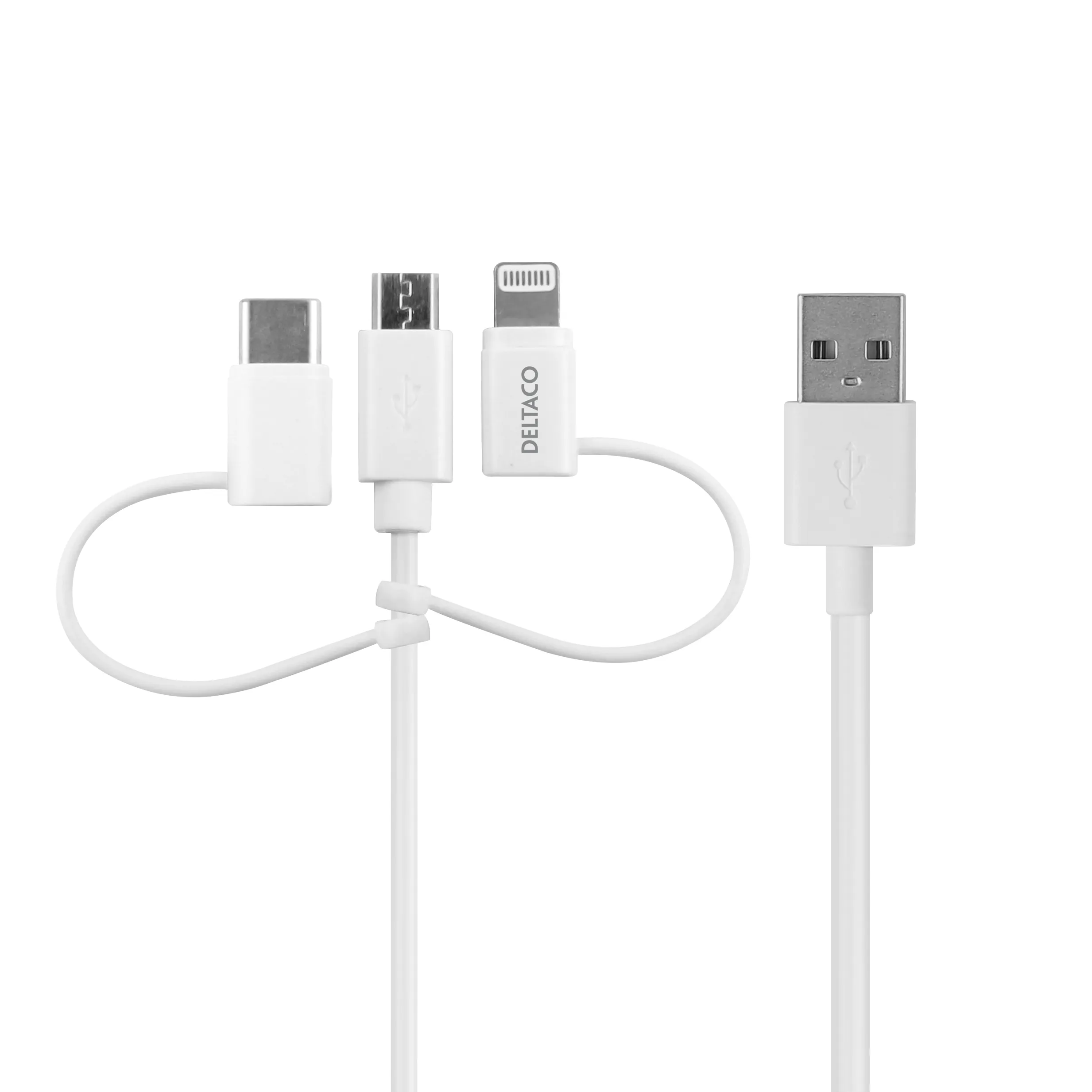 DELTACO USB-A to 3in1, Micro USB, USB-C, Lightning, 1m, white