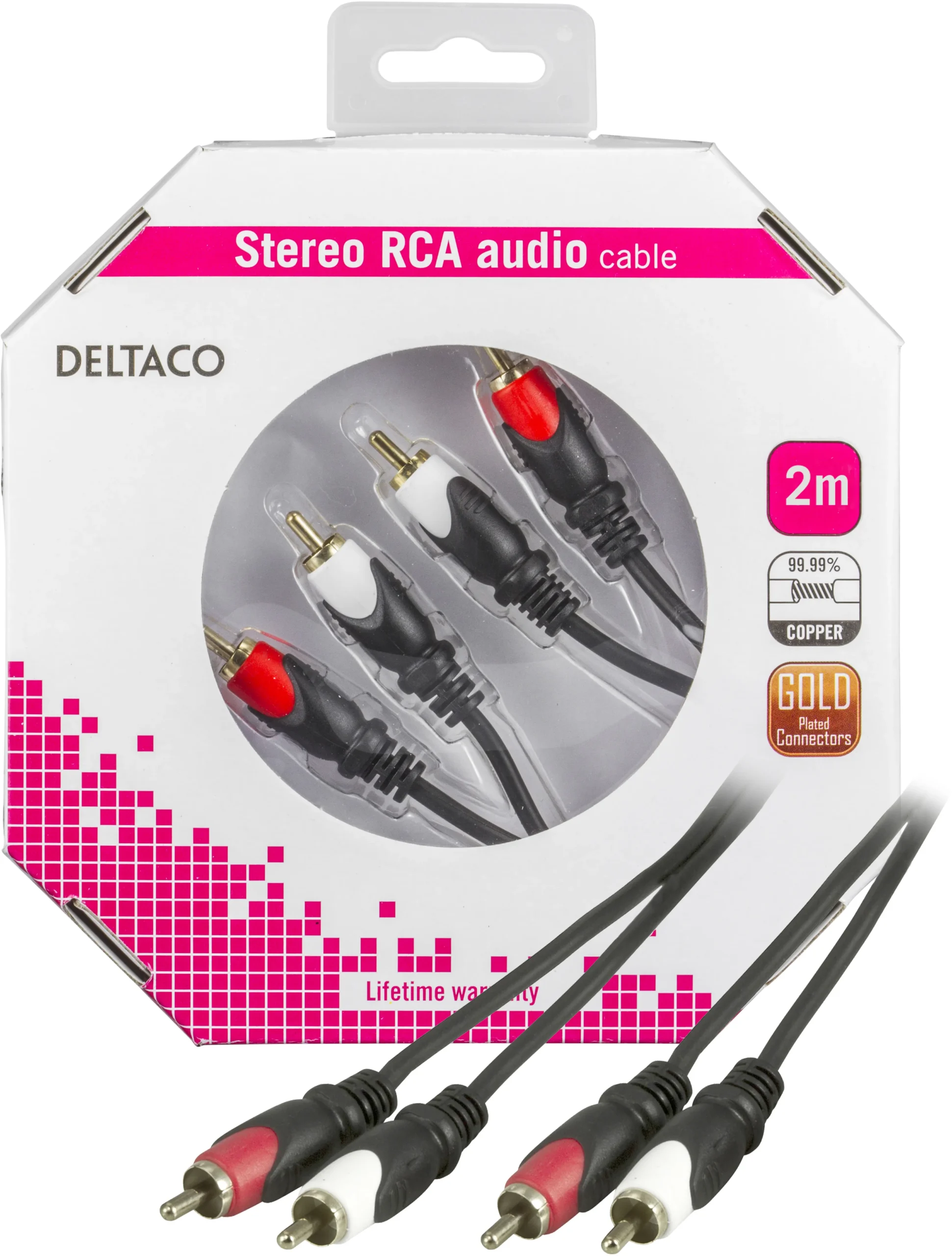 DELTACO Äänikaapeli, 2xRCA uros - 2xRCA uros, kullatut lii., 2m, mus