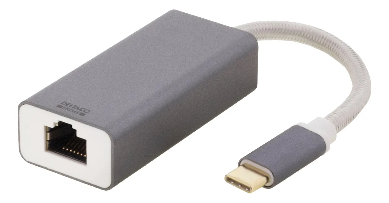 DELTACO USB-C nätverksadapter, Gigabit, 1xRJ45, 1xUSB-C hane, alu, rym