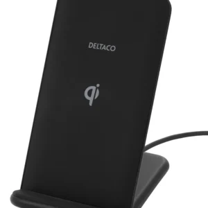 DELTACO Desktop fast charger, angled stand, 10W, Qi 1.2.4, black