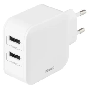 DELTACO USB wall charger, 2x USB-A 2,4 A, total 24 W, white