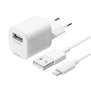 DELTACO USB wall charger kit, USB-A, 2,4 A, 1 m USB-A to Lightning