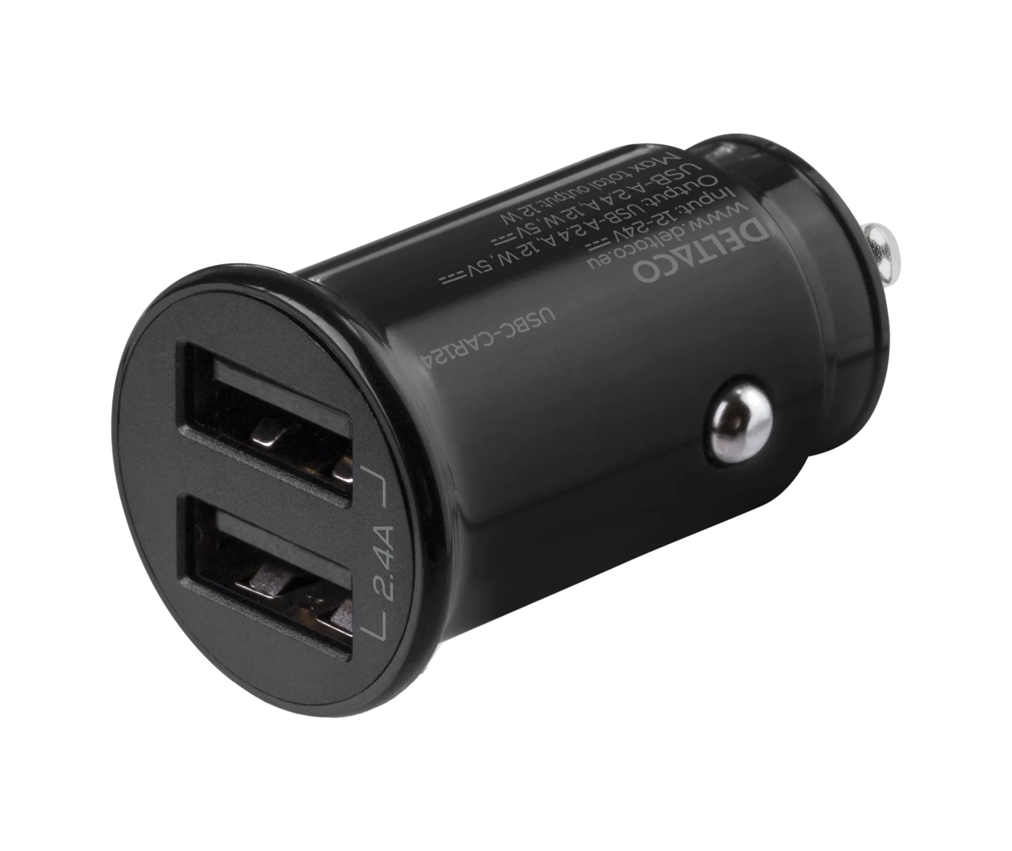 DELTACO 12/24 V USB-billadare med kompakt storlek och dubbla USB-A por