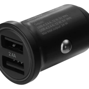 DELTACO 12/24 V USB-billaddare med dubbla USB-A portar, 24 W svart