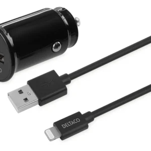 DELTACO USB car charger, 1x USB-A 2.4 A, 1 m Lightning cable, black