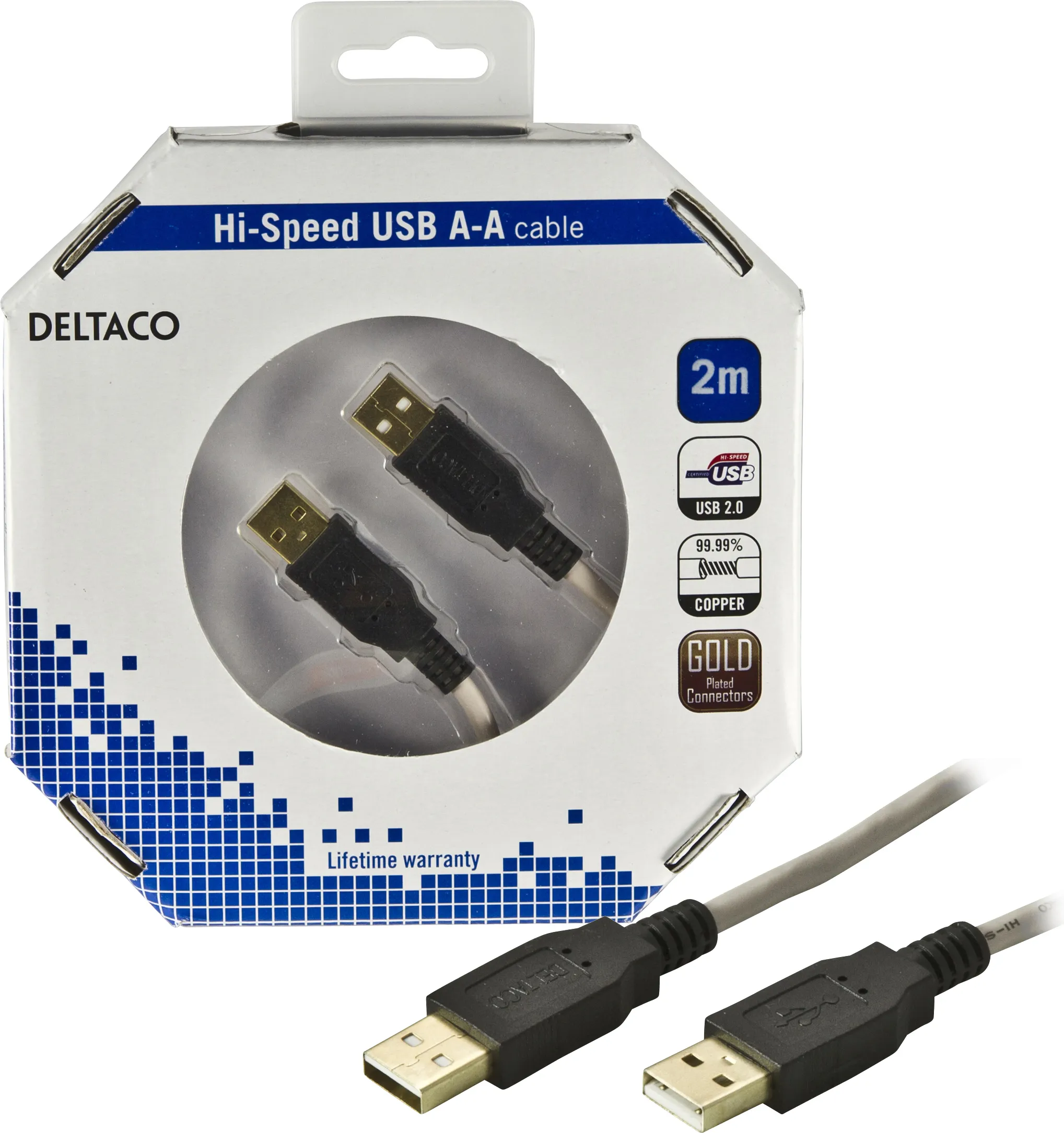 Deltaco USB-A - USB-A -kaapeli, 2 m, Beige/Musta