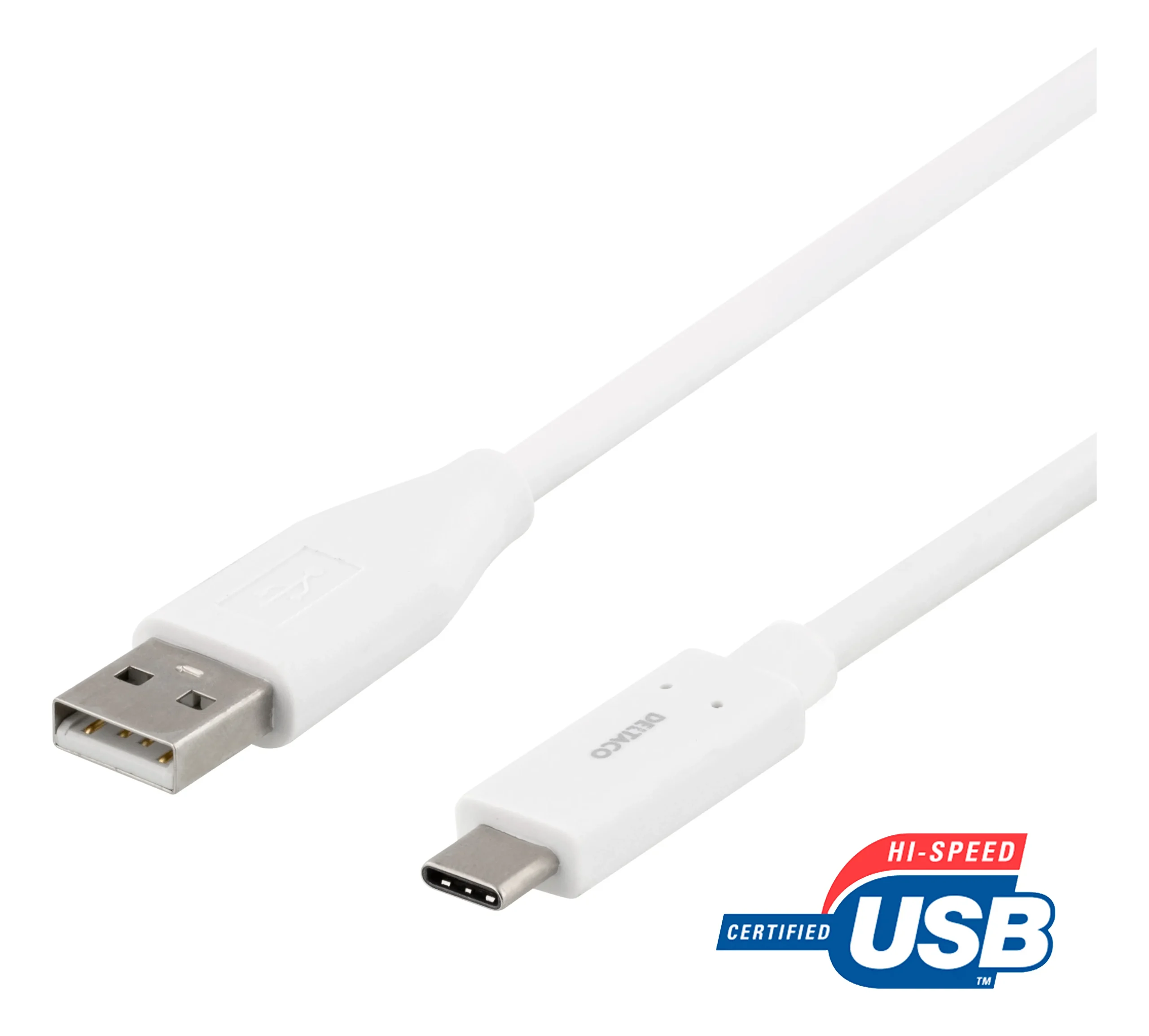 Deltaco USB-A – USB-C 2.0 -kaapeli, 2 m, Valkoinen