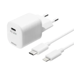 Deltaco PD 20W USB-C -laturi Lighting kaapelilla, Valkoinen, 1m