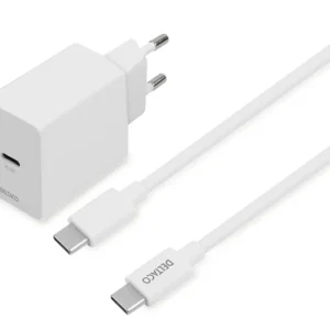 Deltaco PD 20W USB-C -laturi kaapelilla, Valkoinen, 1m