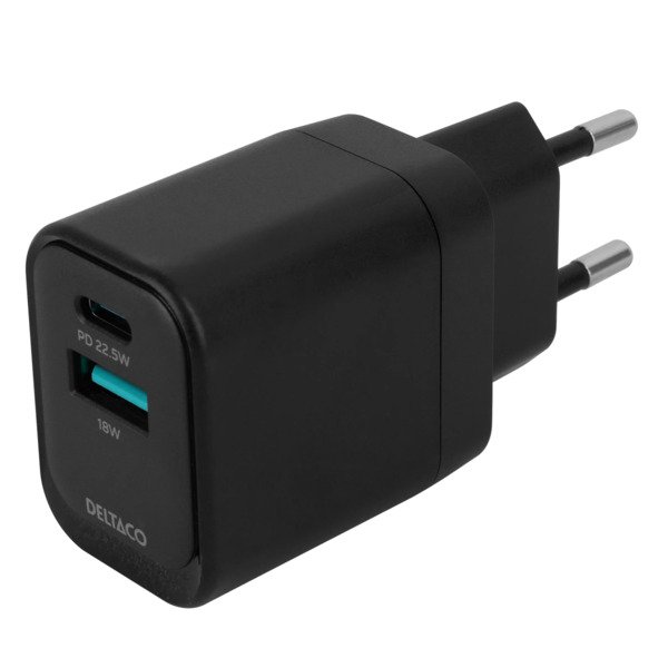 Deltaco 1x USB-A 18 W, 1x USB-C PD 20 W USB -laturi, musta