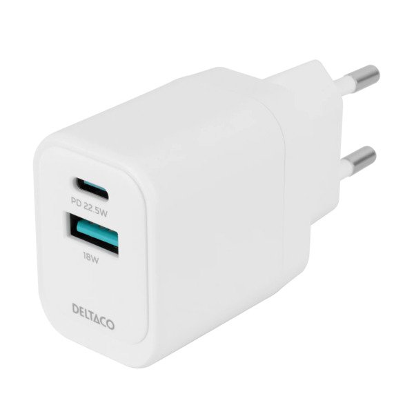 Deltaco 1x USB-A 18 W, 1x USB-C PD 20 W USB -laturi, valkoinen