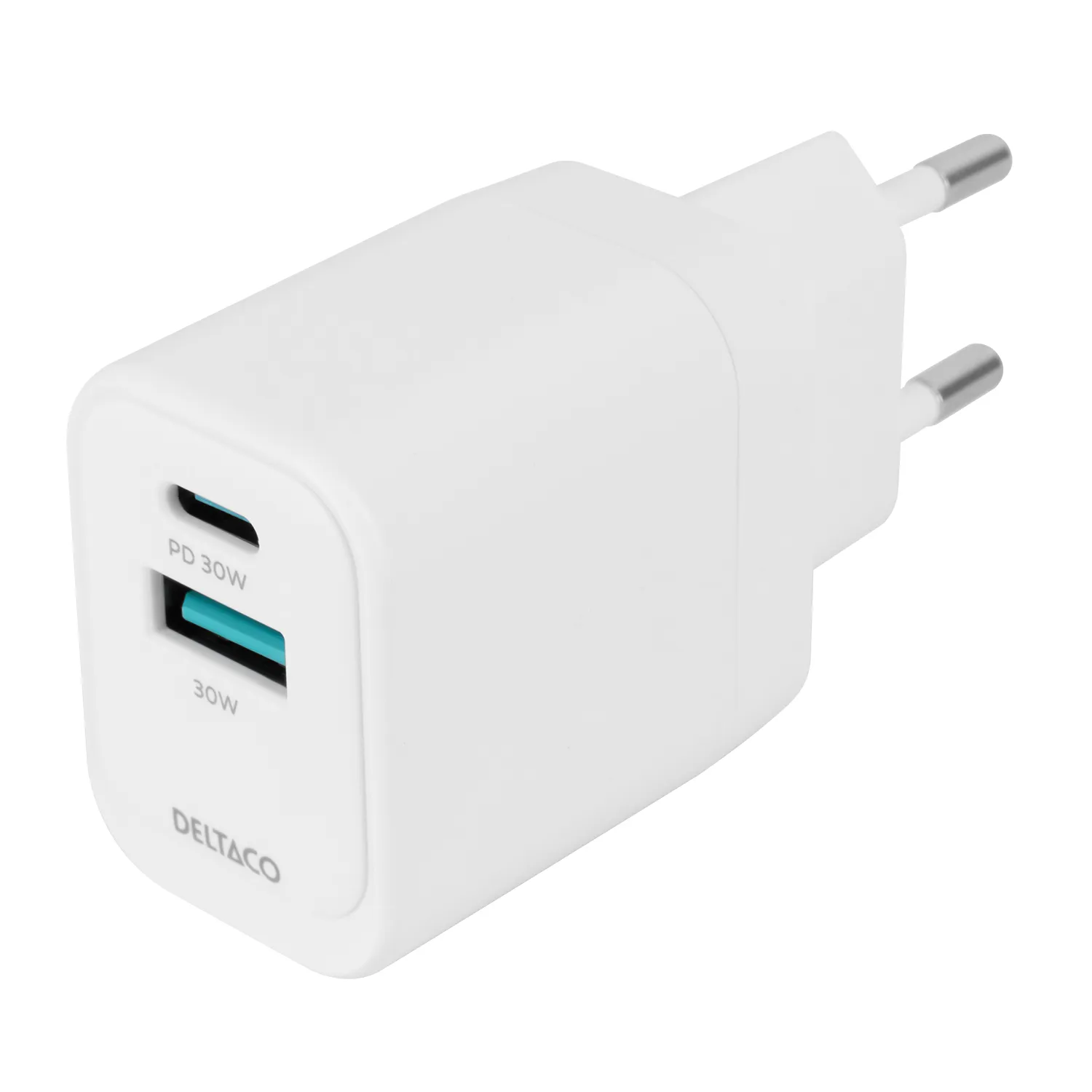 Deltaco GaN USB-A 18W, USB-C PD 30W -USB-laturi