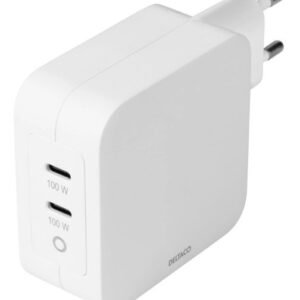 DELTACO USB-C wall charger, GaN technology, 2x USB-C PD, total 100 W
