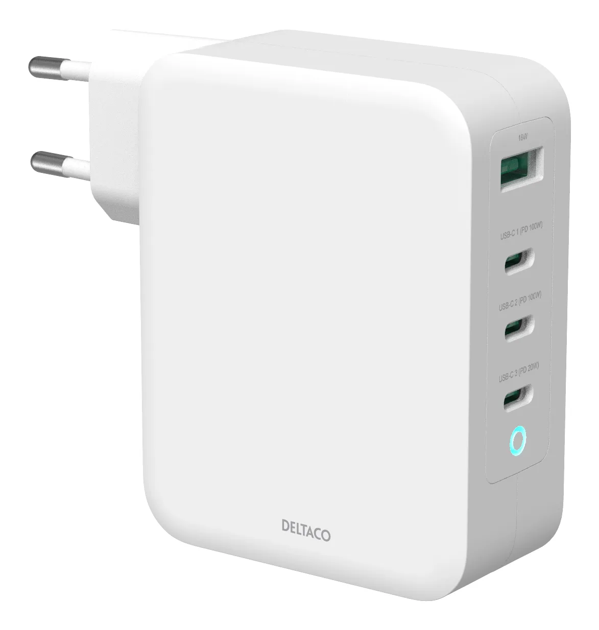 DELTACO USB-C wall charger, 1x USB-A, 3x USB-C, total 130 W, white