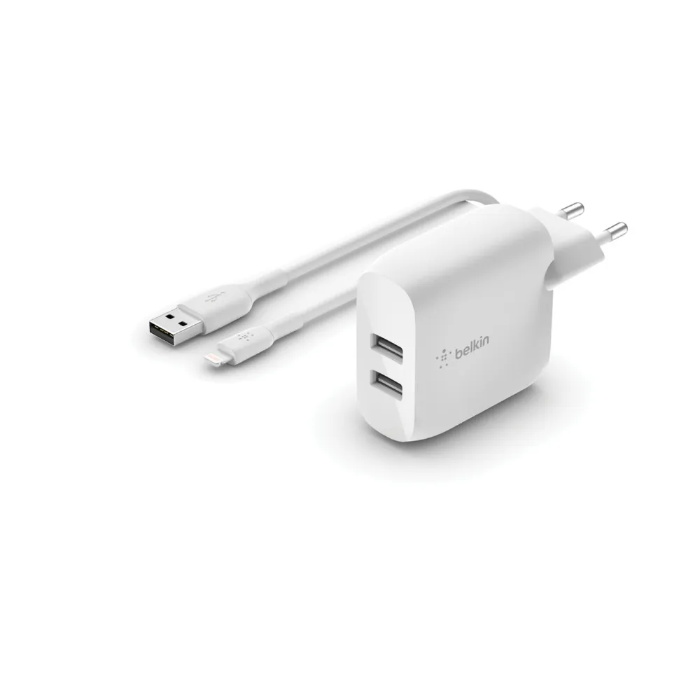 Dual USB-A Wall Charg w/1M PVC A-LTG 24W