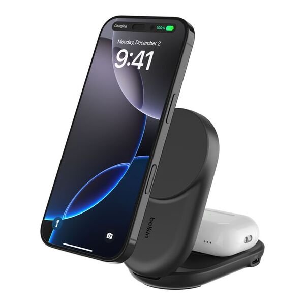Belkin UltraCharge 2-in-1 Foldable Magnetic 25W Qi2 -langaton laturi, Musta